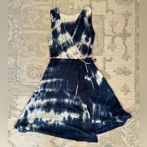 Tie dye shirred straps A line faux wrap dress blue white purple string tie bow